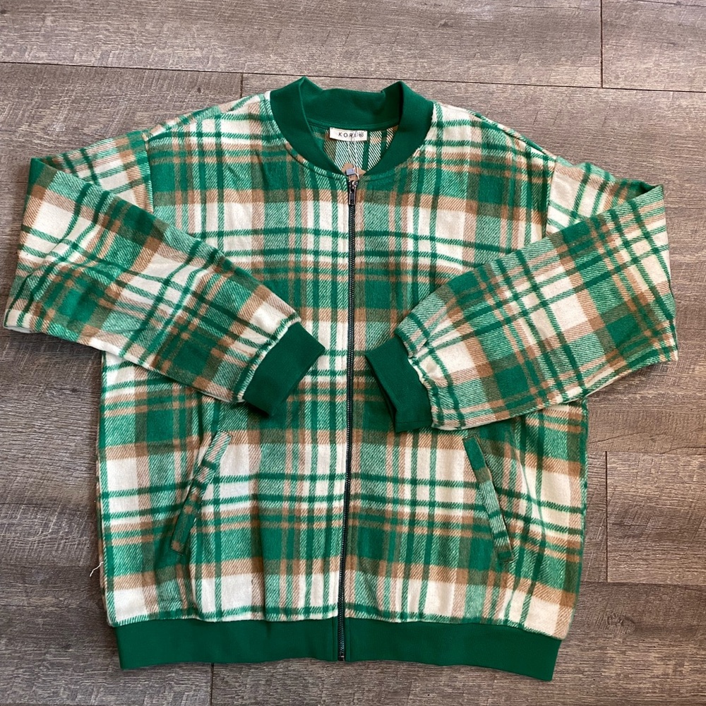 Green + Gold Taupe Soft Brushed Plaid Bomber Jacket | NWT